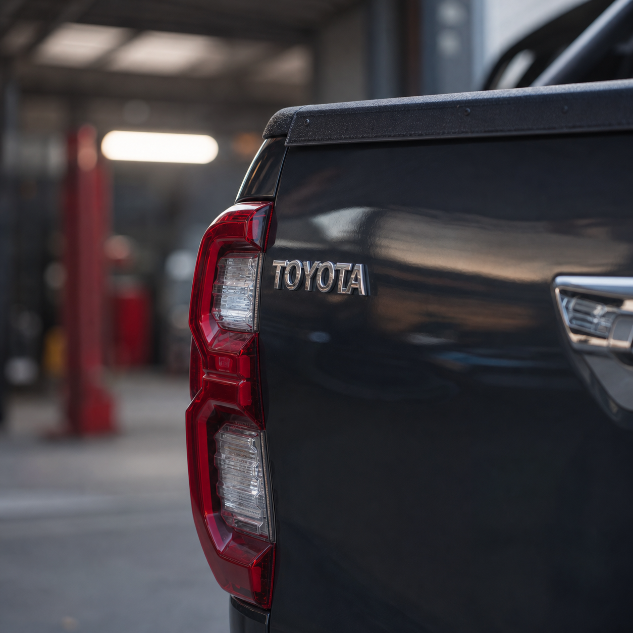 Toyota Hilux rear tailgate detail in a workshop setting for a head unit upgrade guide