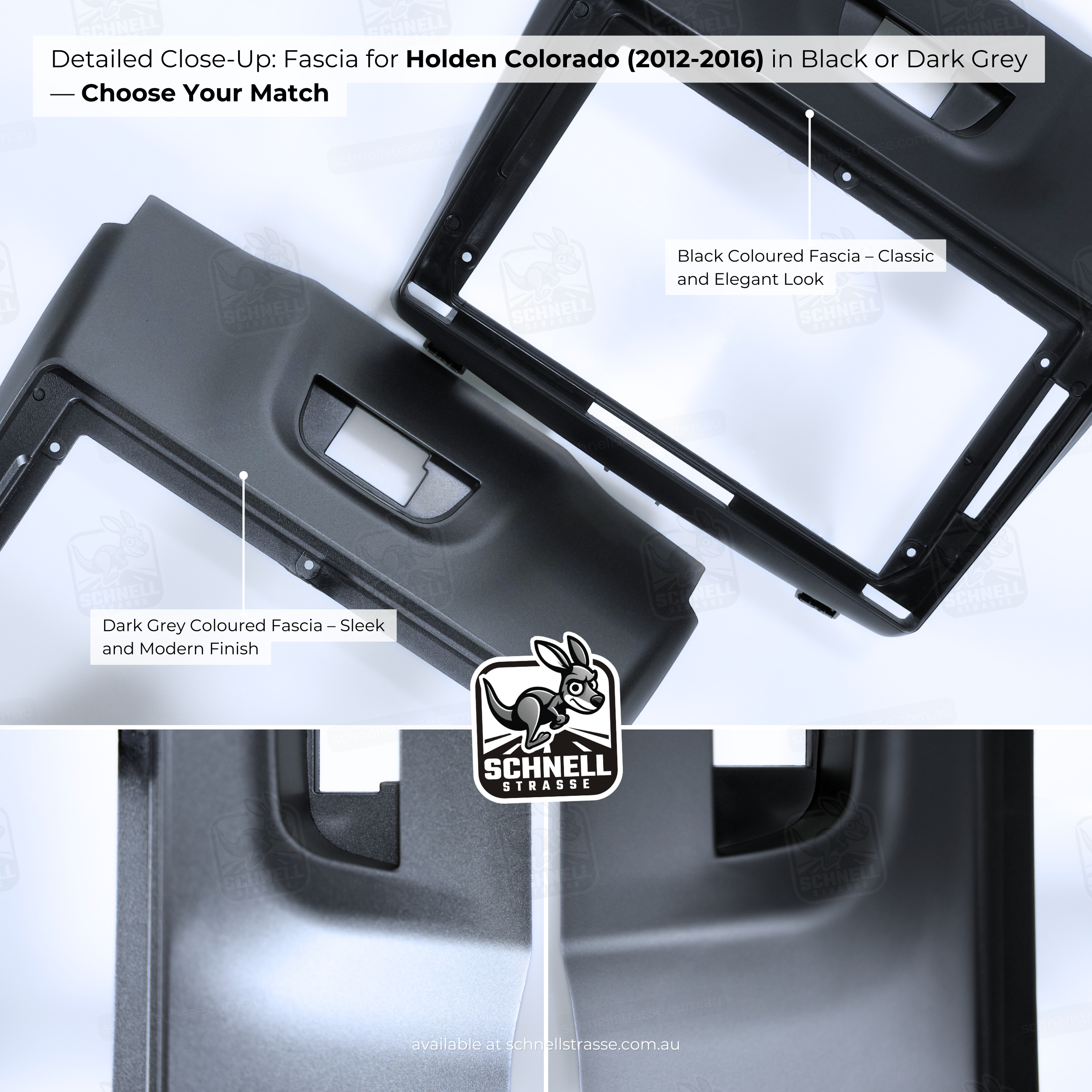 Holden Colorado (2012-2016) Fascia Kit - Premium Matte Finish, Black or Dark Grey, Retains Factory Controls, 9'' & 13.3'' Screen Compatible