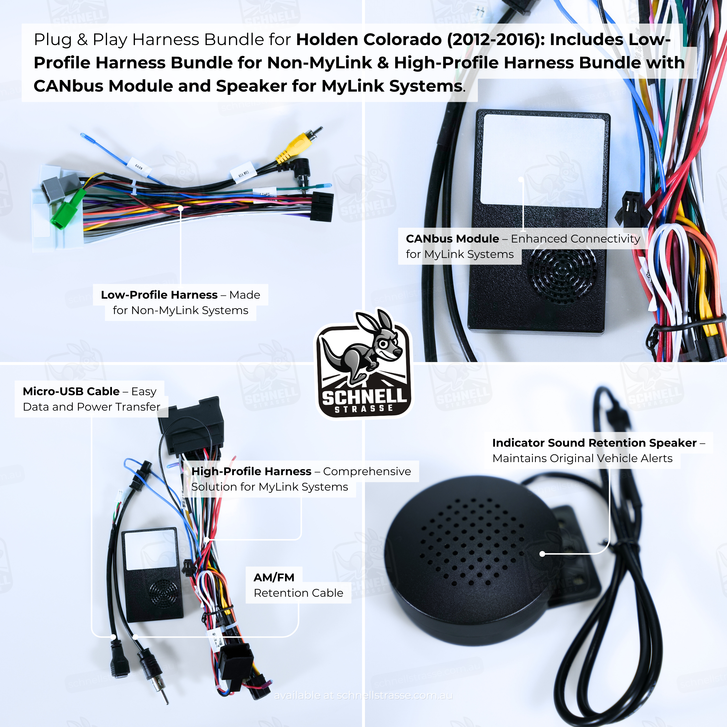 Holden Colorado (2012-2016) Plug & Play Harness Bundle - Low-Profile & High-Profile Options, CANbus Module, and Speaker for MyLink Systems
