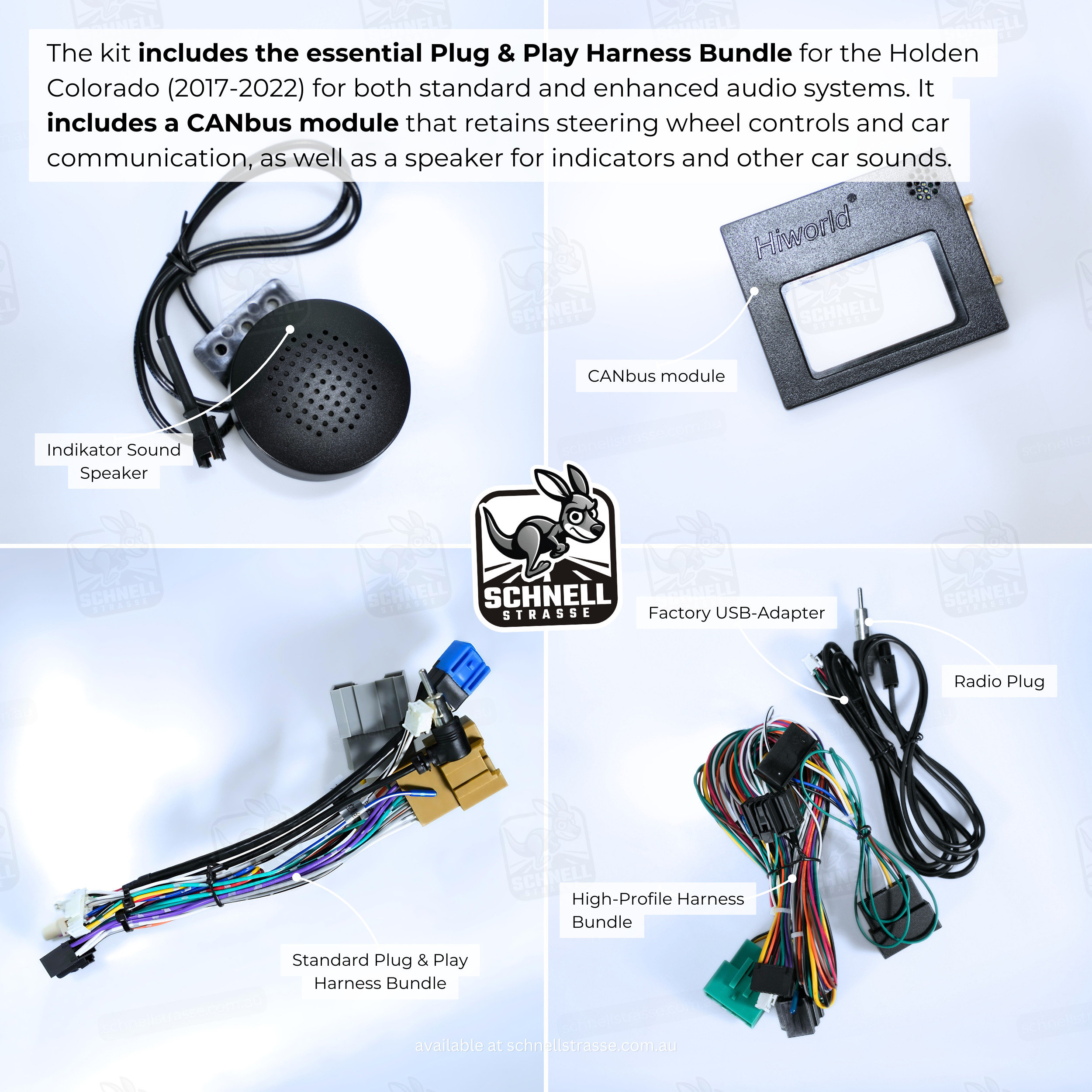 Holden Colorado (2017-2022) Plug & Play Harness Bundle - Low-Profile & High-Profile Options, CANbus Module, and Speaker for MyLink Systems