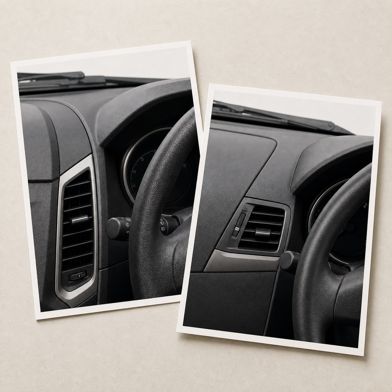 Two printed right-hand-drive dashboard reference photos comparing Ford Ranger PX1 and Mazda BT-50 fitment